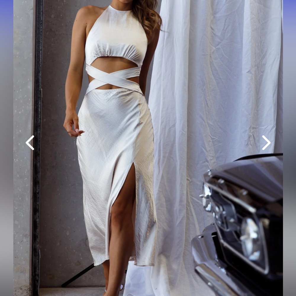 Selfie Leslie White Satin Cutout Midi Dress